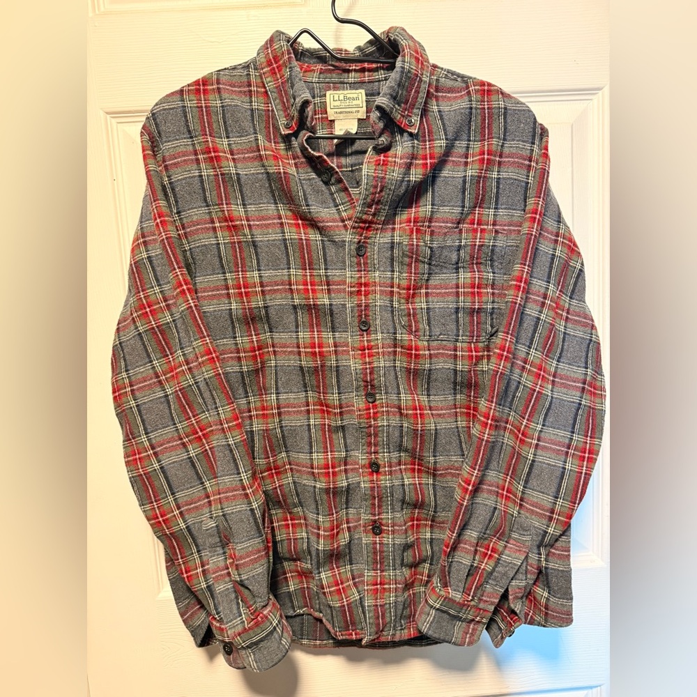 L.L. Bean Red and Gray Plaid Flannel Shirt